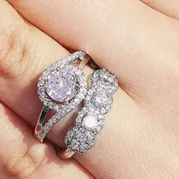 2pcs Set Fashion Silver Cubic Zirconia Luxury Wedding Promise Rings For Women - Picture 3 of 3